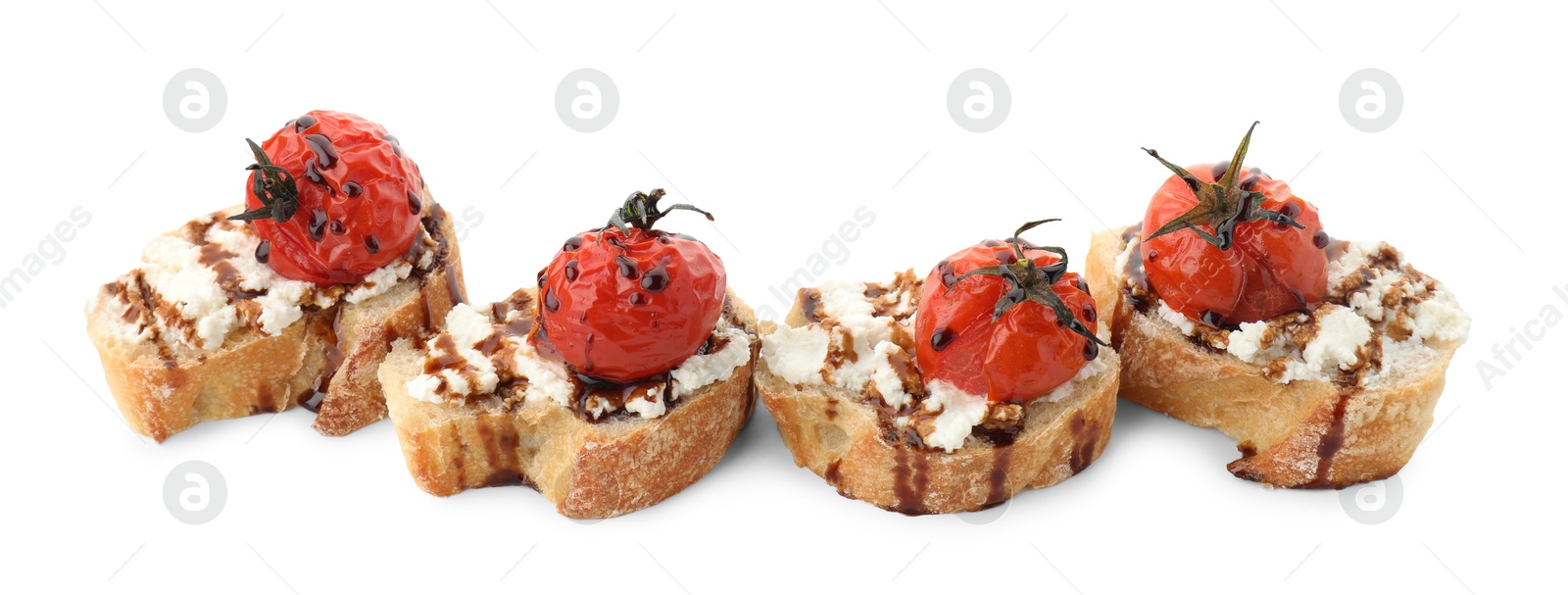 Photo of Delicious bruschettas with ricotta cheese, tomatoes and balsamic sauce isolated on white