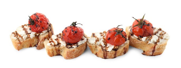 Photo of Delicious bruschettas with ricotta cheese, tomatoes and balsamic sauce isolated on white