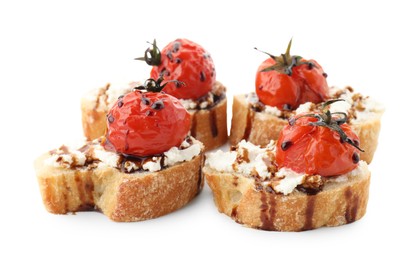 Photo of Delicious bruschettas with ricotta cheese, tomatoes and balsamic sauce isolated on white
