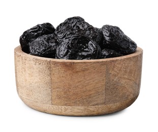 Photo of Tasty dried plums (prunes) in wooden bowl on white background