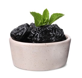 Photo of Tasty dried plums (prunes) and mint leaves in bowl on white background