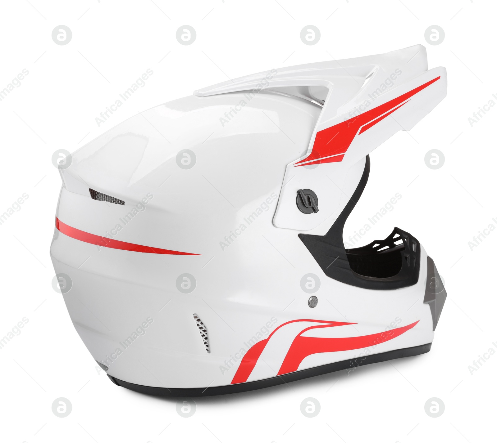 Photo of New modern motorcycle helmet isolated on white