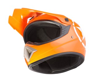 Photo of Modern orange motorcycle helmet isolated on white