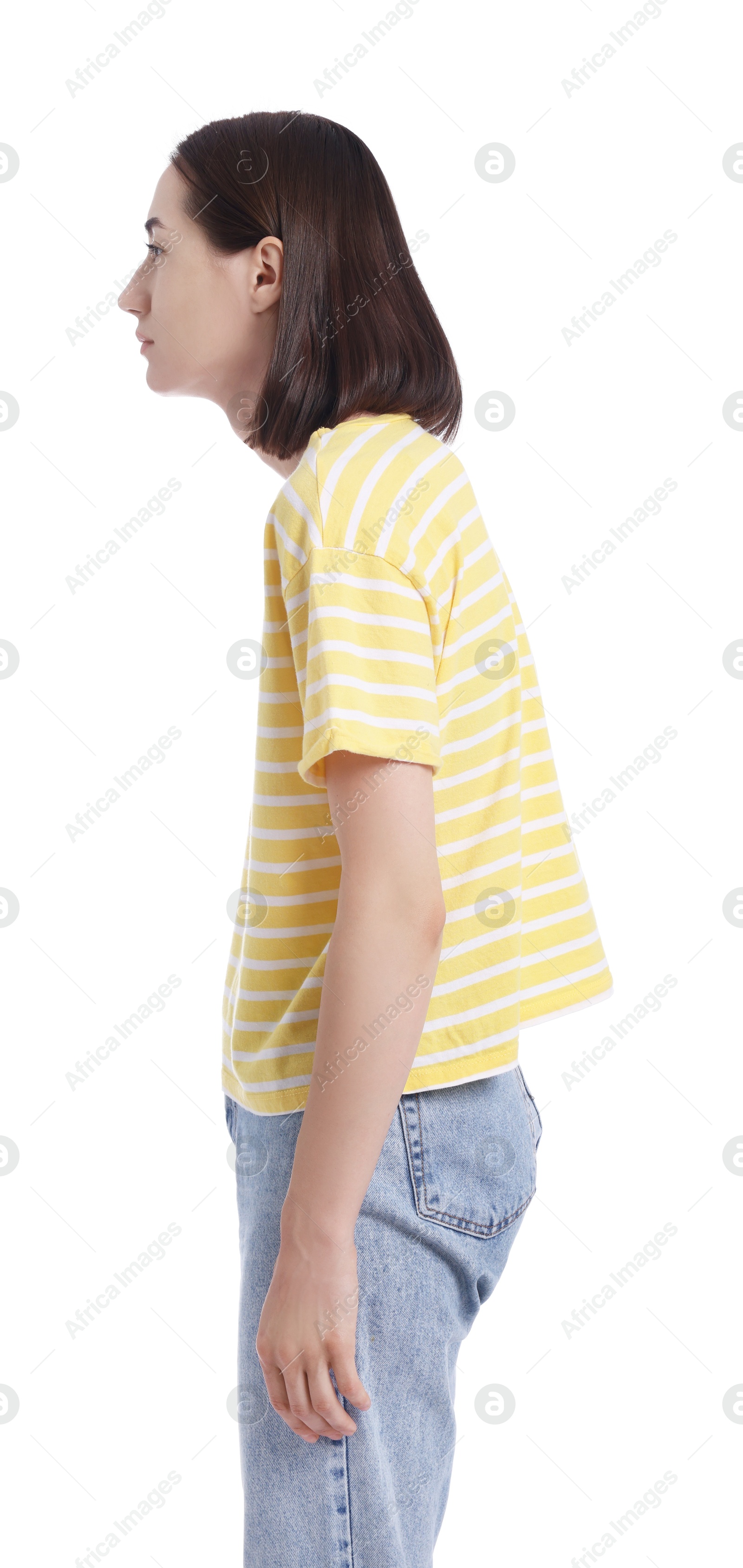 Photo of Woman with poor posture on white background
