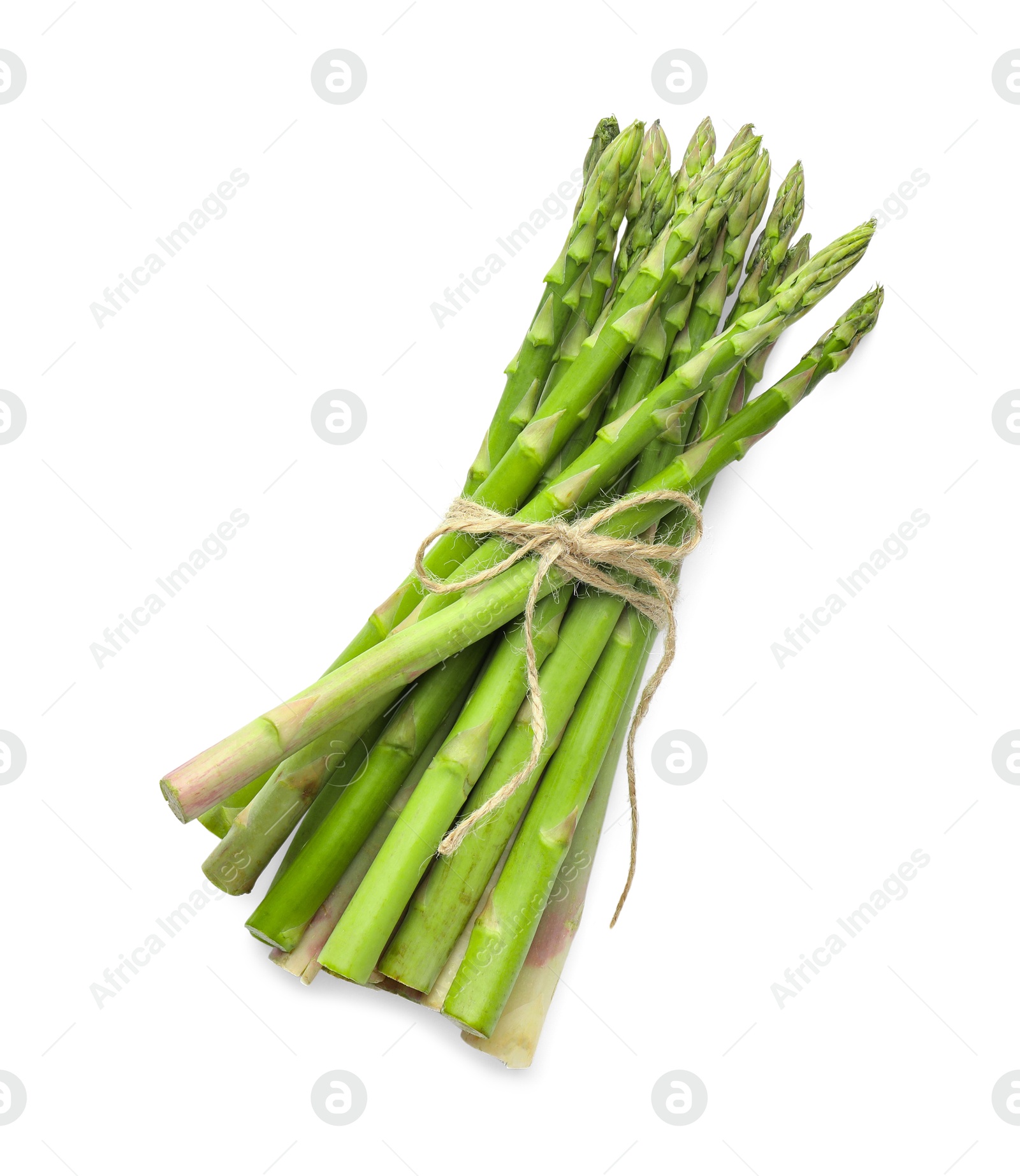 Photo of Bunch of fresh green asparagus stems isolated on white, top view