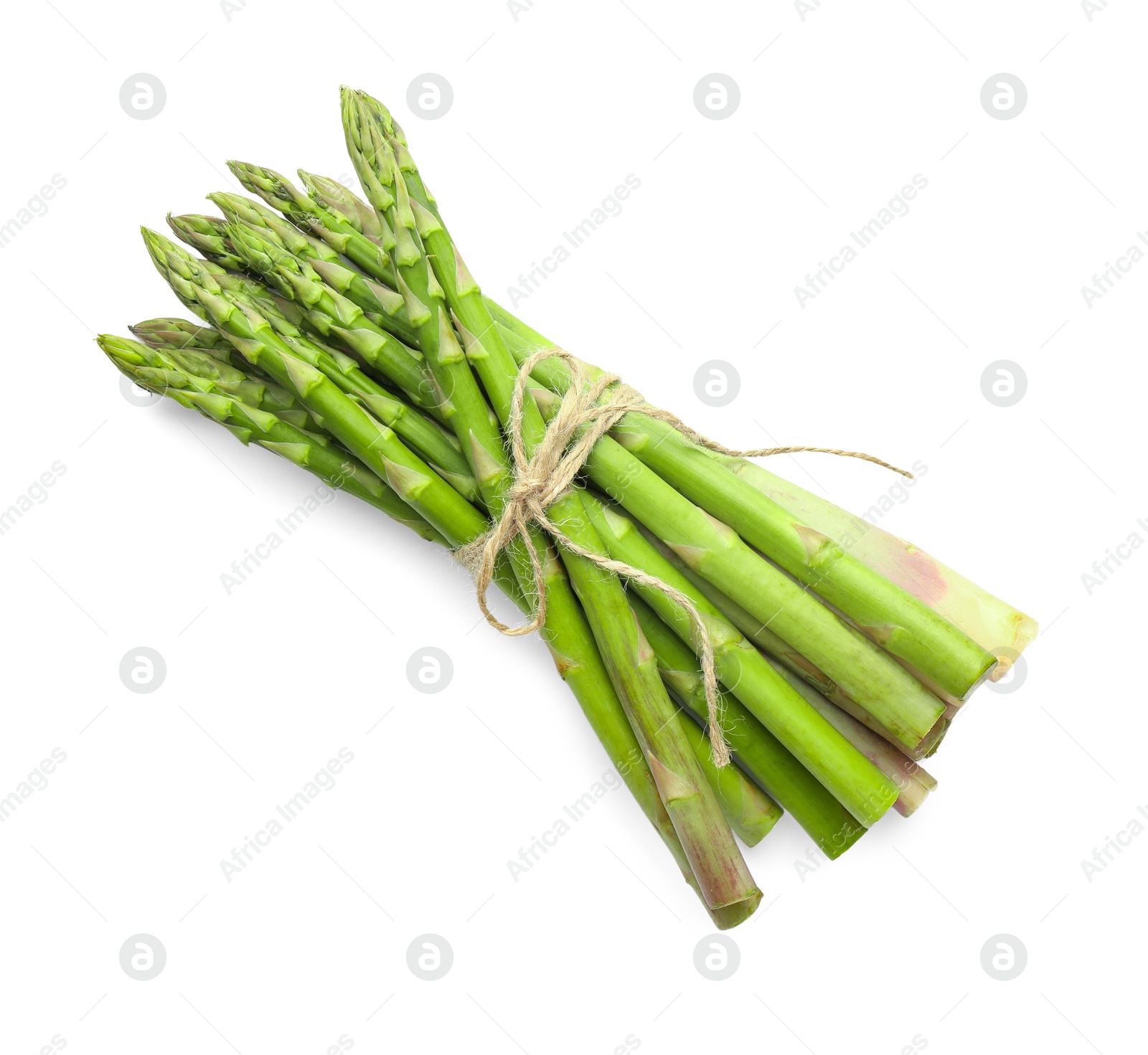 Photo of Bunch of fresh green asparagus stems isolated on white, top view