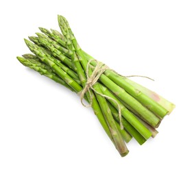 Bunch of fresh green asparagus stems isolated on white, top view