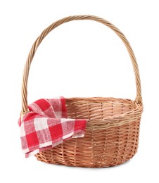 Photo of One picnic wicker basket with checkered napkin isolated on white