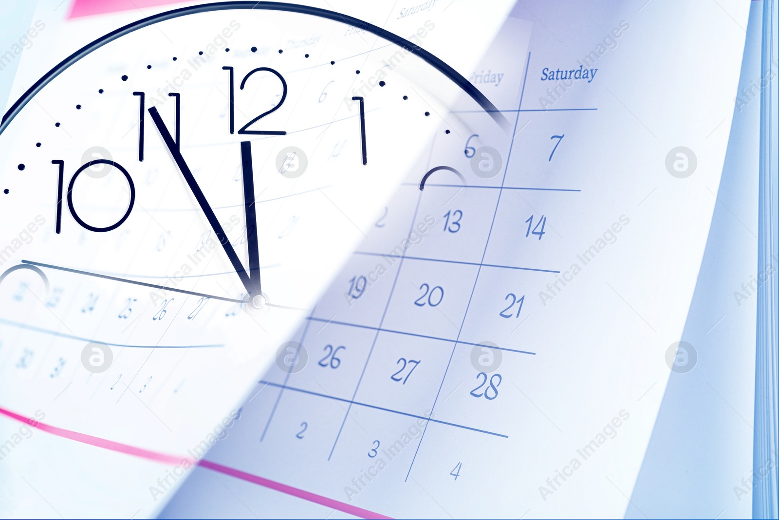 Image of Double exposure of calendar and clock. Time concept