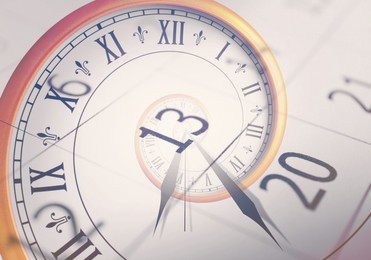 Image of Double exposure of calendar and clock. Time concept