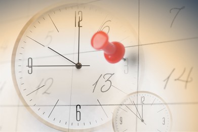 Double exposure of calendar with pin and clocks. Time concept