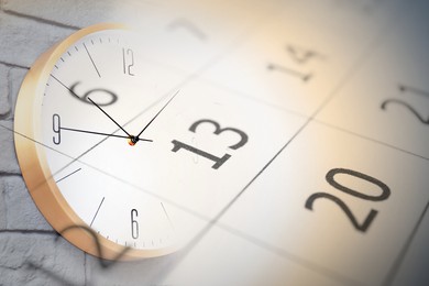 Image of Double exposure of calendar and clock. Time concept