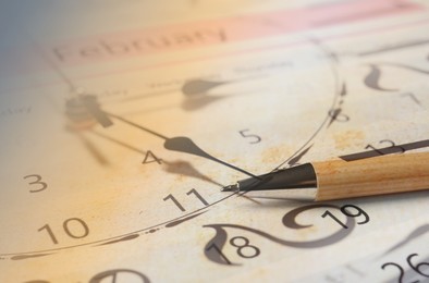 Image of Double exposure of calendar and clock. Time concept