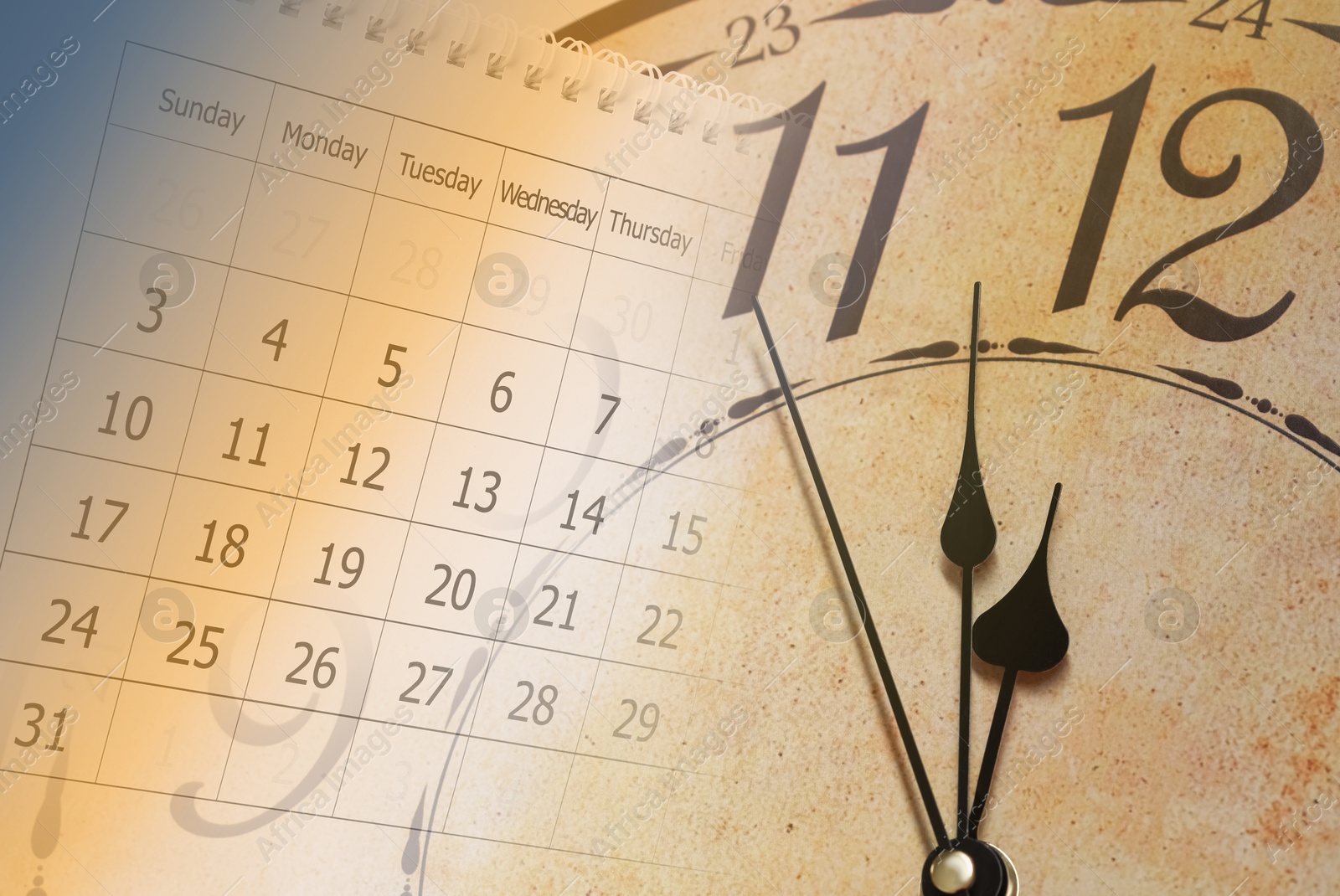 Image of Double exposure of calendar and clock. Time concept