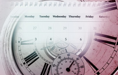 Image of Double exposure of calendar and clock. Time concept