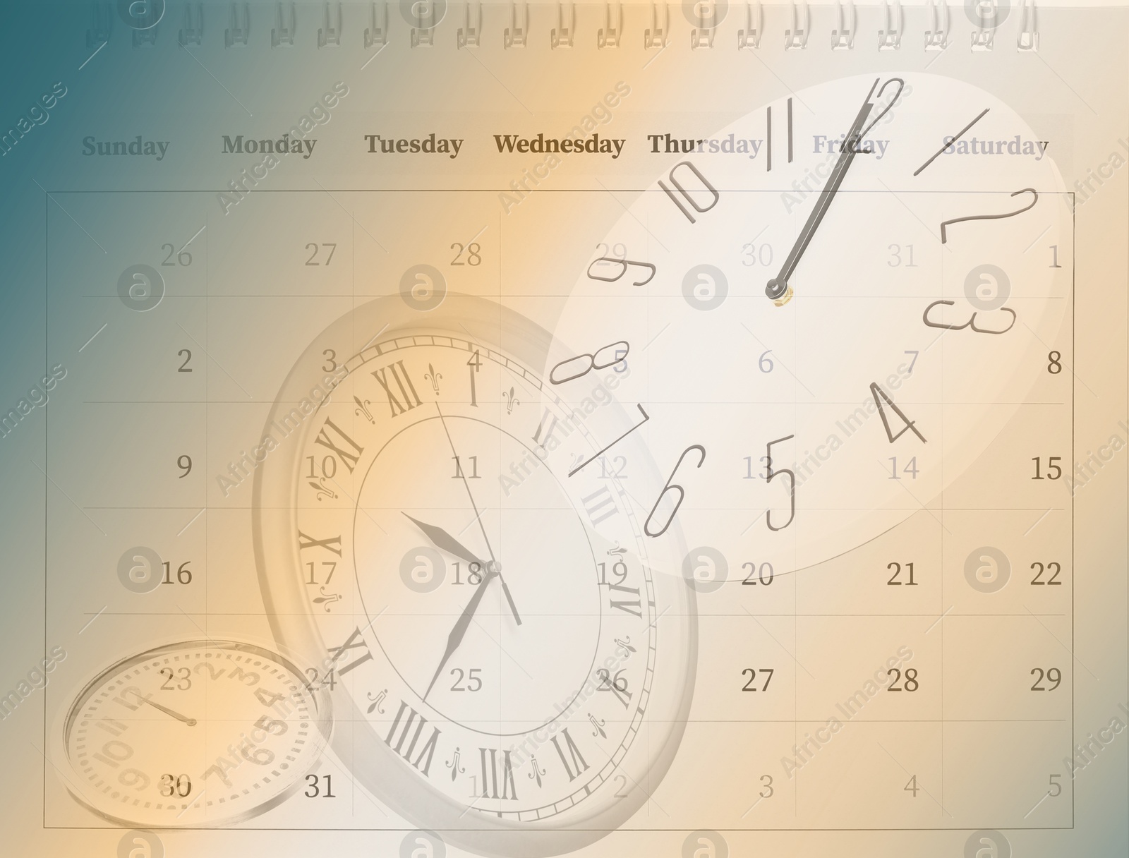 Image of Double exposure of calendar and clocks. Time concept