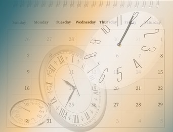 Image of Double exposure of calendar and clocks. Time concept