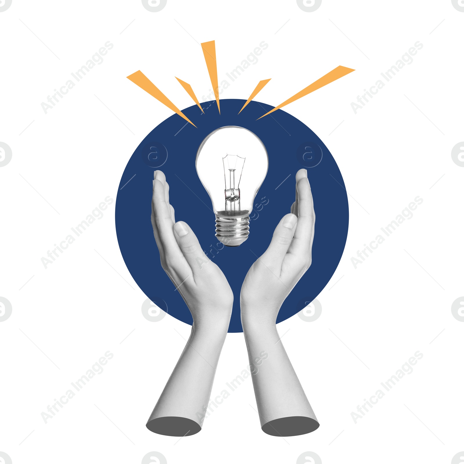 Image of Creative art collage with glowing light bulb and female hands on white background. Conceptual poster about idea and inspiration