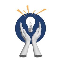 Image of Creative art collage with glowing light bulb and female hands on white background. Conceptual poster about idea and inspiration