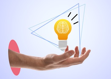 Image of Man holding glowing light bulb with illustration of brain inside on white background, creative art collage. Conceptual poster about idea and inspiration