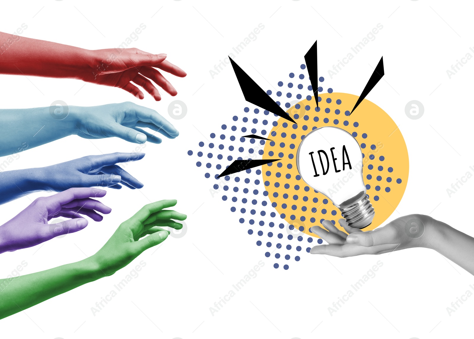 Image of Creative art collage with glowing light bulb and hands on white background. Conceptual poster about idea and inspiration