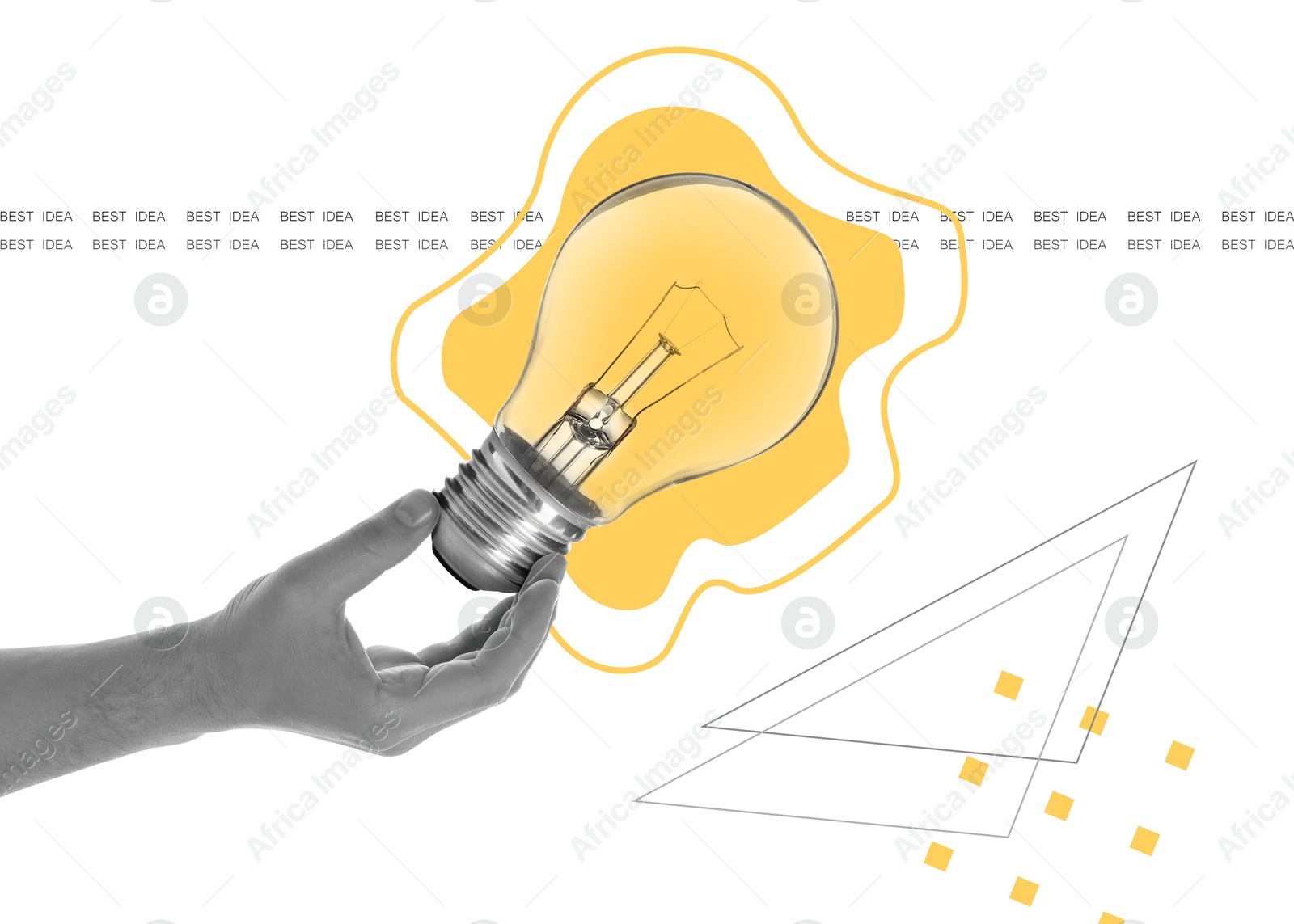 Image of Man holding glowing light bulb on light background, creative art collage. Conceptual poster about idea and inspiration