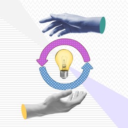 Creative art collage with glowing light bulb, arrows and people's hands on color background. Conceptual poster about idea and inspiration