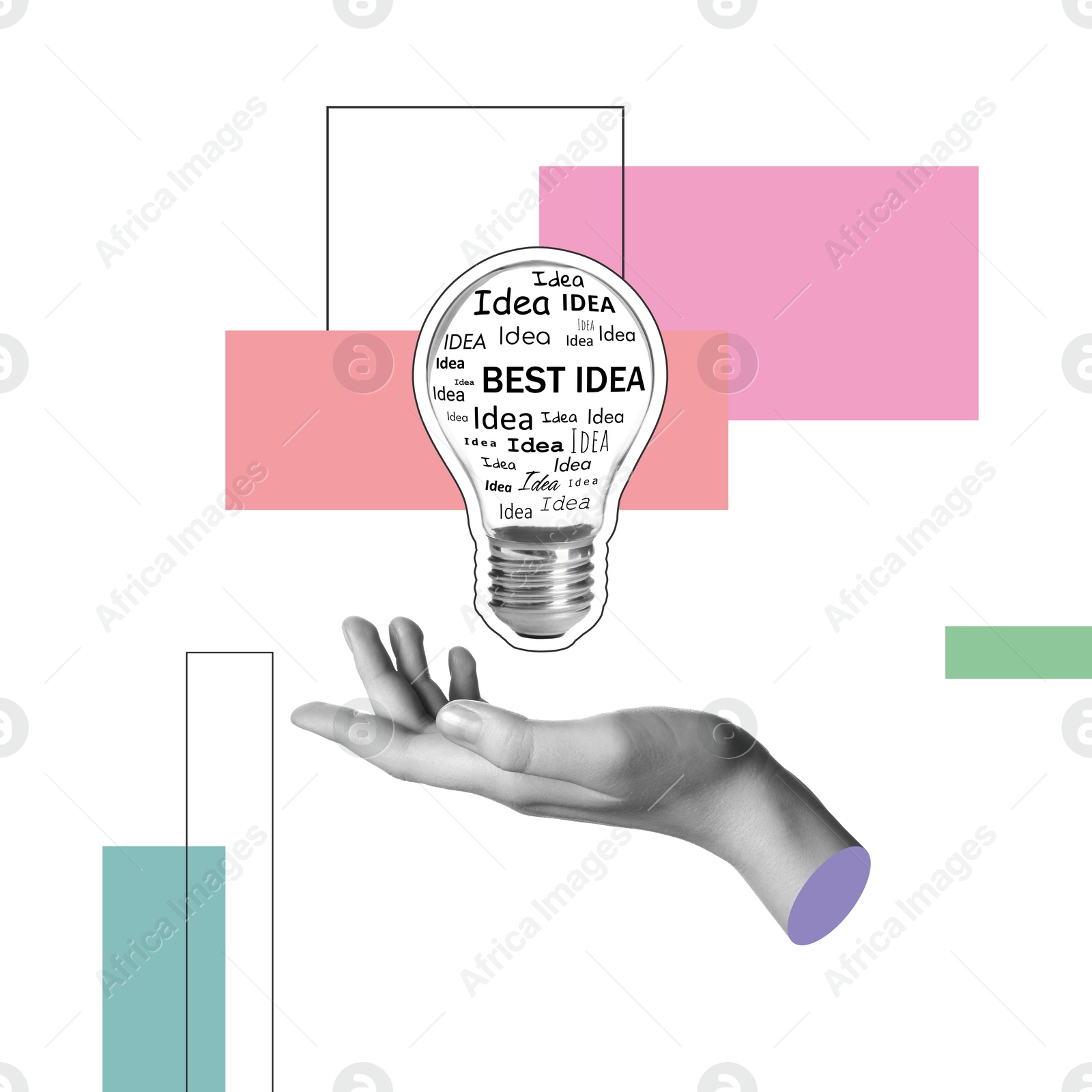 Image of Creative art collage with light bulb and woman's hand on color background. Conceptual poster about idea and inspiration