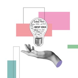 Image of Creative art collage with light bulb and woman's hand on color background. Conceptual poster about idea and inspiration