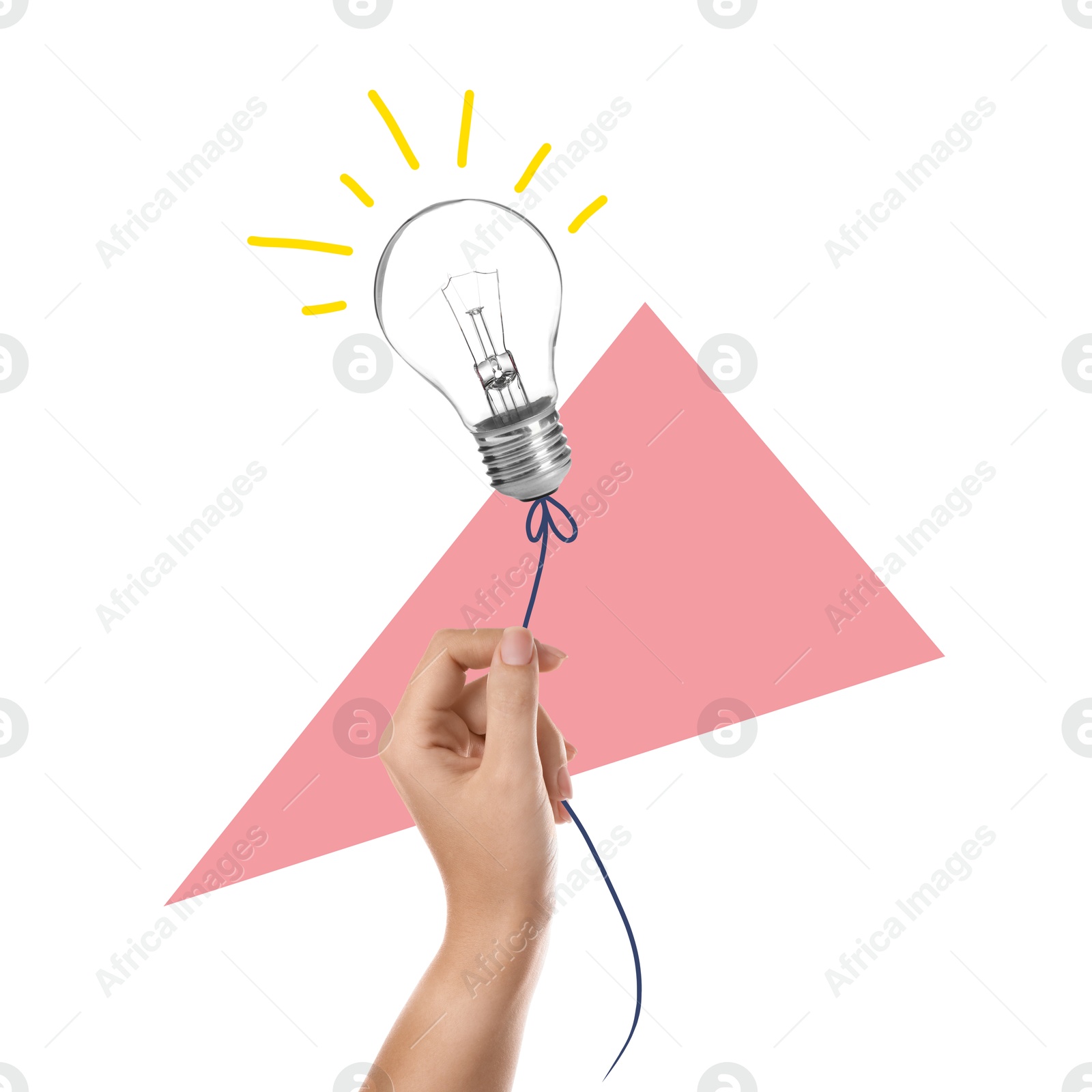 Image of Woman holding glowing light bulb as balloon on color background, creative art collage. Conceptual poster about idea and inspiration