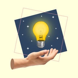 Image of Creative art collage with glowing light bulb and man's hand on beige background. Conceptual poster about idea and inspiration