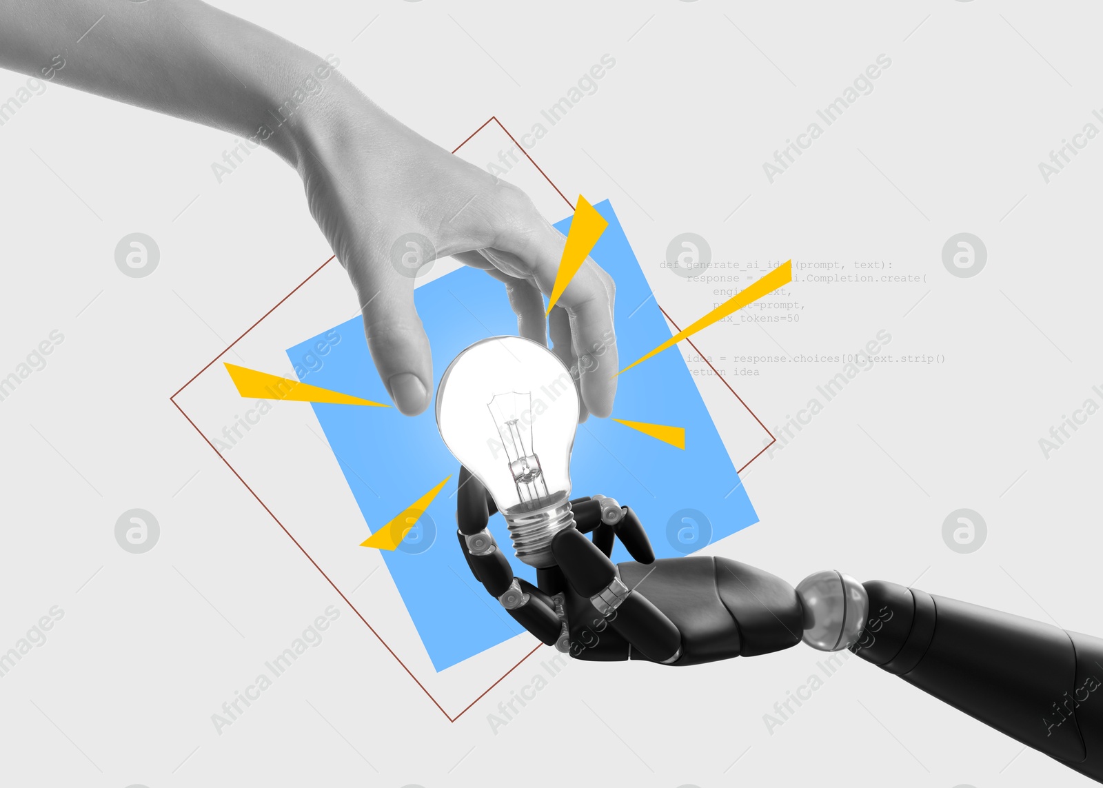 Image of Woman touching light bulb held by robot hand on white background with computer code, creative art collage. Conceptual poster about idea and AI