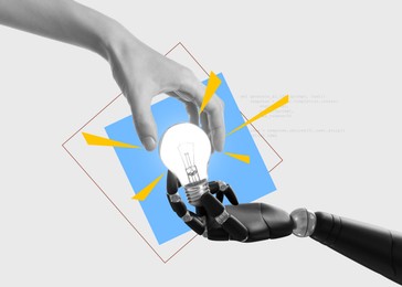 Woman touching light bulb held by robot hand on white background with computer code, creative art collage. Conceptual poster about idea and AI