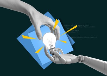 Woman touching light bulb held by robot hand on dark green background with computer code, creative art collage. Conceptual poster about idea and AI