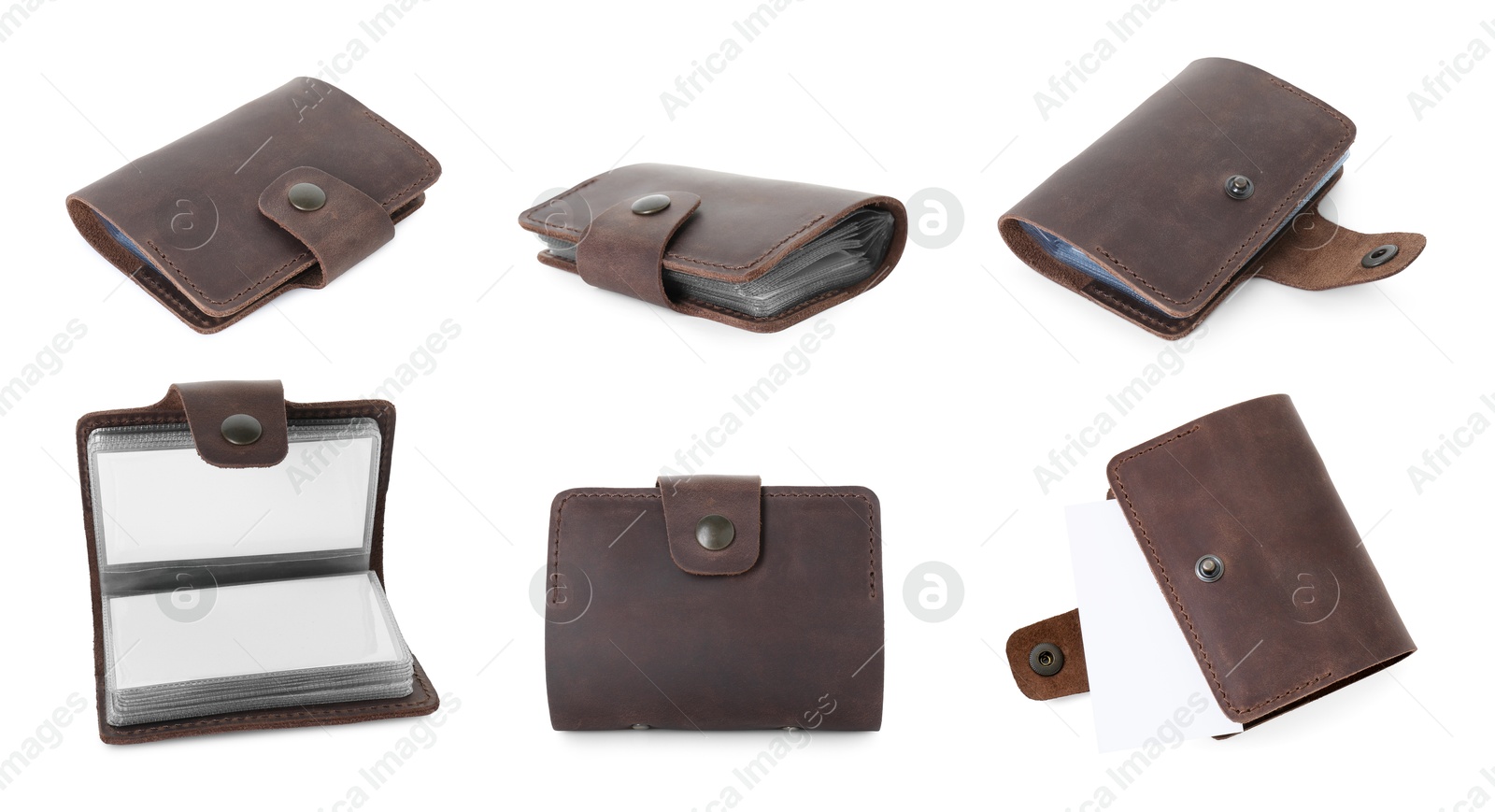 Image of Empty leather card holder isolated on white, collage