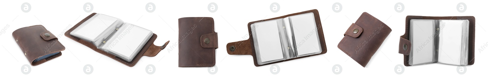 Image of Empty leather card holder isolated on white, collage