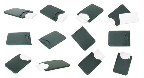 Image of Leather card holder isolated on white, collage