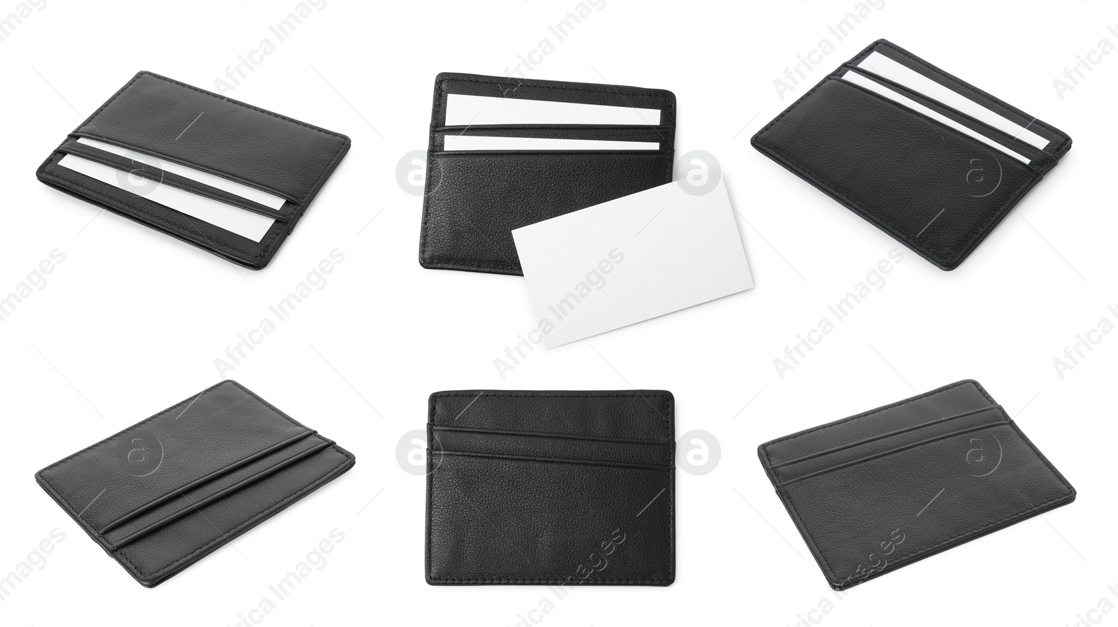 Image of Leather card holder isolated on white, collage