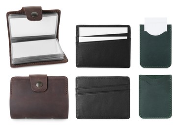 Image of Leather card holders isolated on white, collage