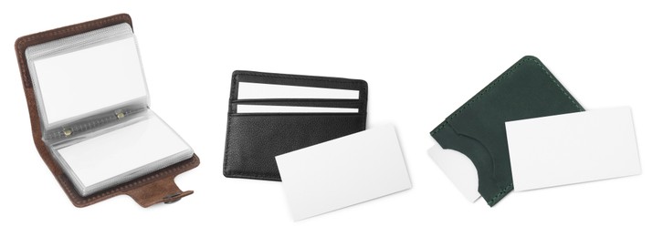 Image of Leather card holders isolated on white, collage