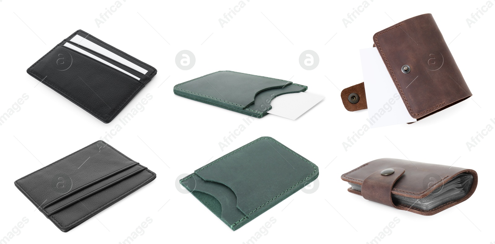 Image of Leather card holders isolated on white, collage