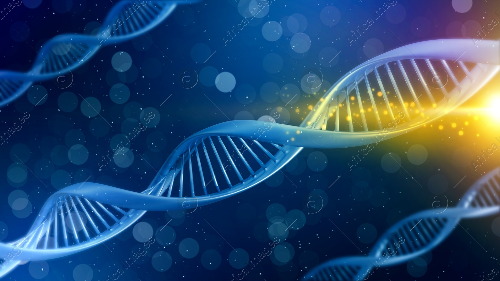 Image of Illustrations of DNA on blue gradient background, banner design. Genetic information