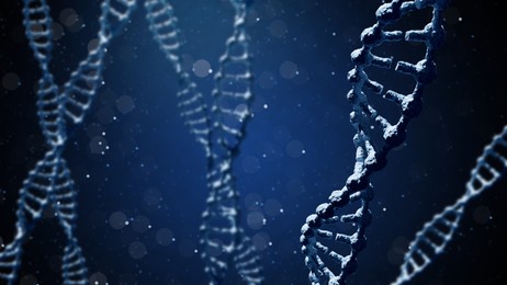 Image of Illustrations of DNA on blue gradient background, banner design. Genetic information