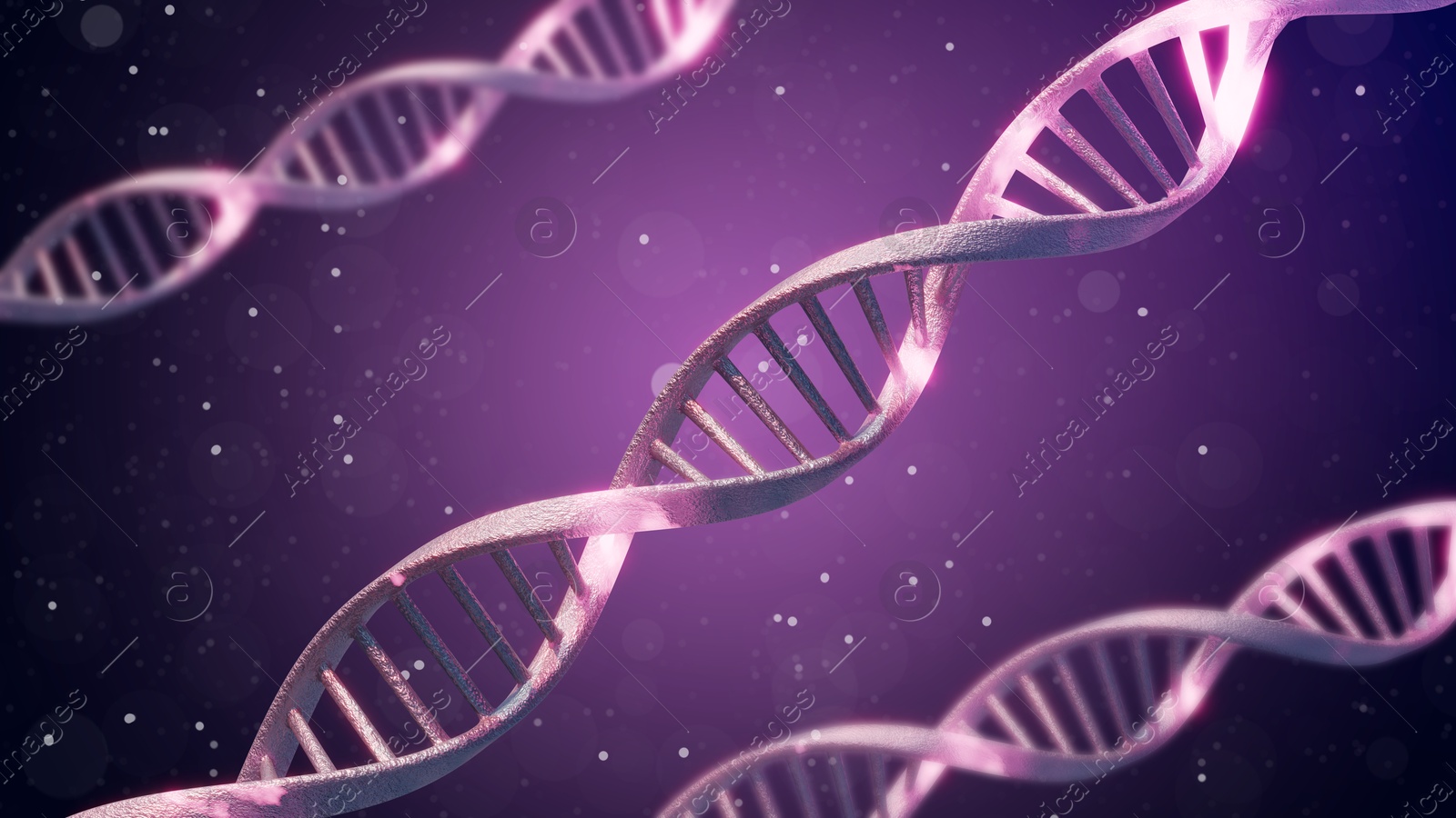 Image of Illustrations of DNA on violet gradient background, banner design. Genetic information