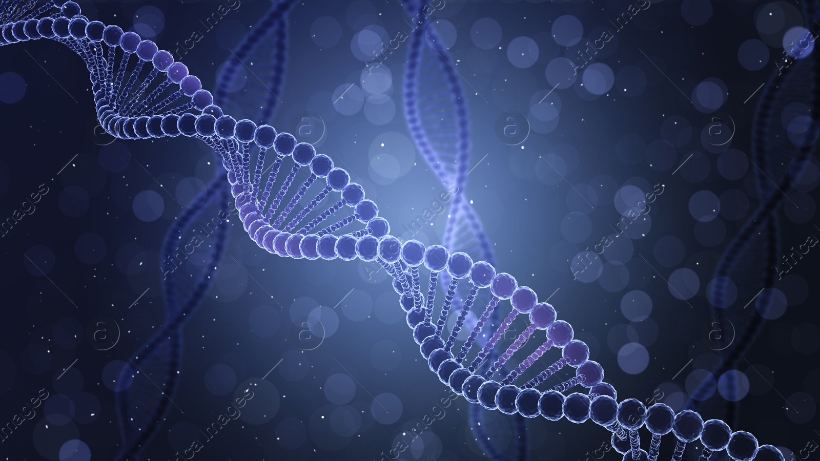 Image of Illustrations of DNA on blue gradient background, banner design. Genetic information