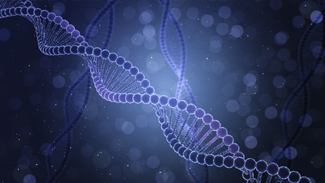 Image of Illustrations of DNA on blue gradient background, banner design. Genetic information