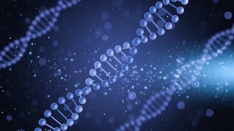 Image of Illustrations of DNA on blue gradient background, banner design. Genetic information