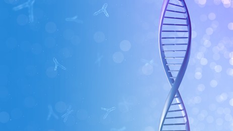 Image of Illustration of DNA on blue gradient background, banner design. Genetic information