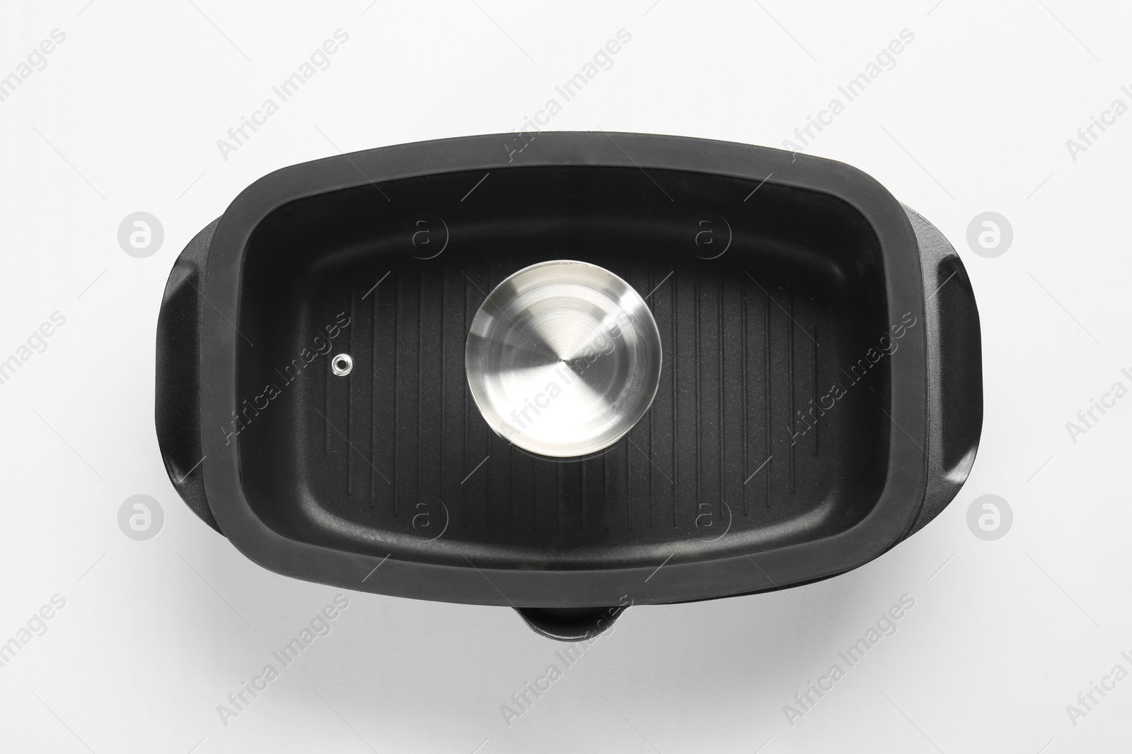 Photo of Black pot with glass lid on white background, top view