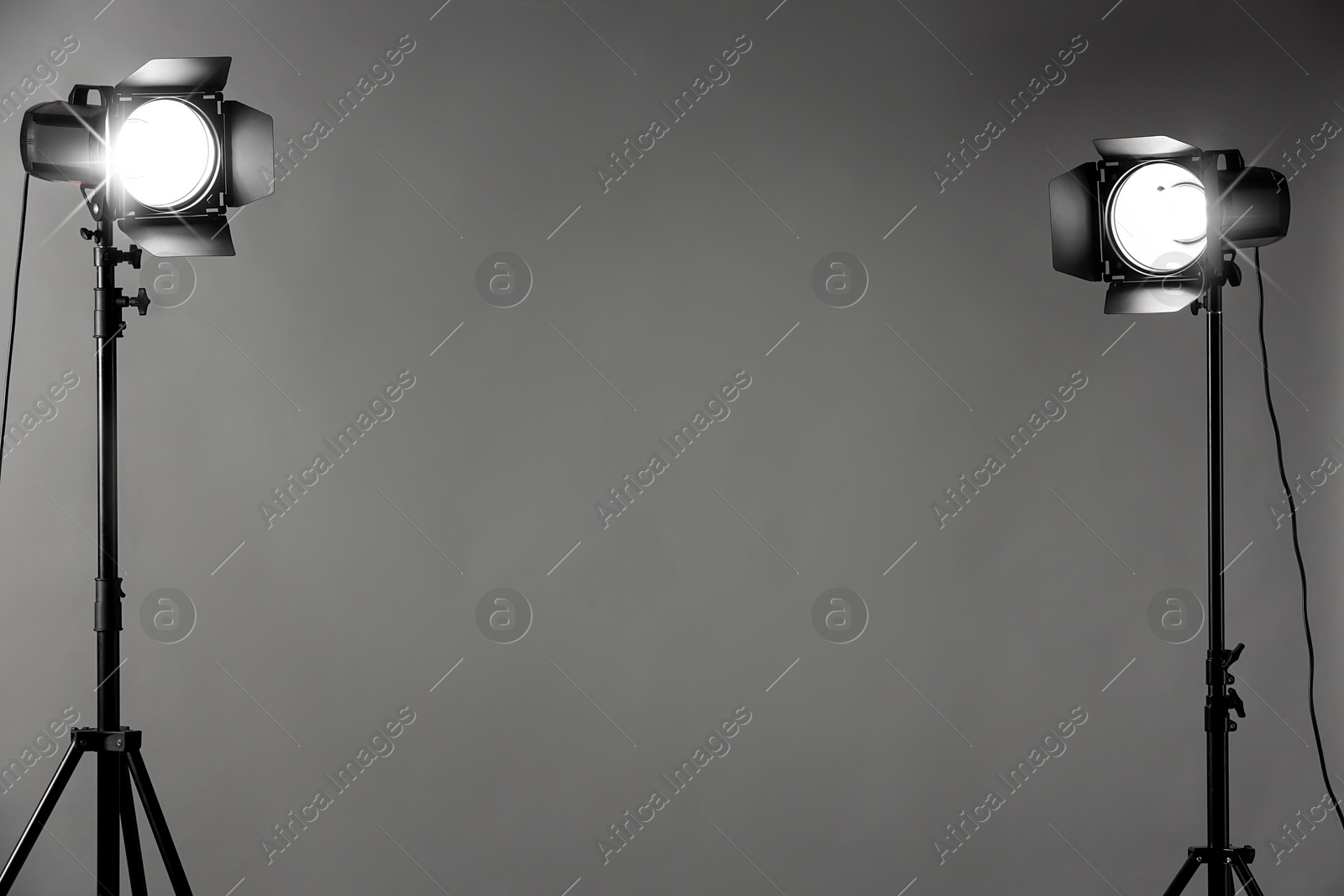 Photo of Grey photo background and professional lighting equipment in studio